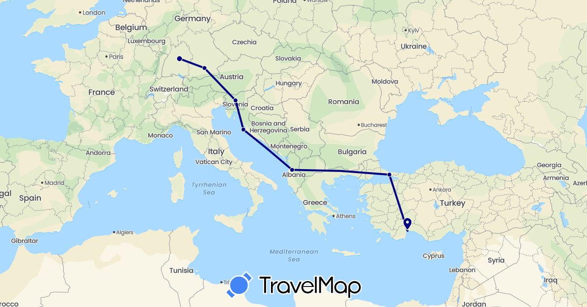 TravelMap itinerary: driving in Albania, Germany, Croatia, Slovenia, Turkey (Asia, Europe)